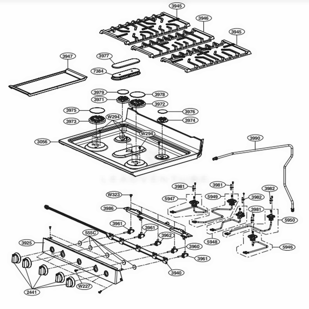 Cooktop Parts Diagram and Parts List for LRGL5823D FBDELGA LG Range