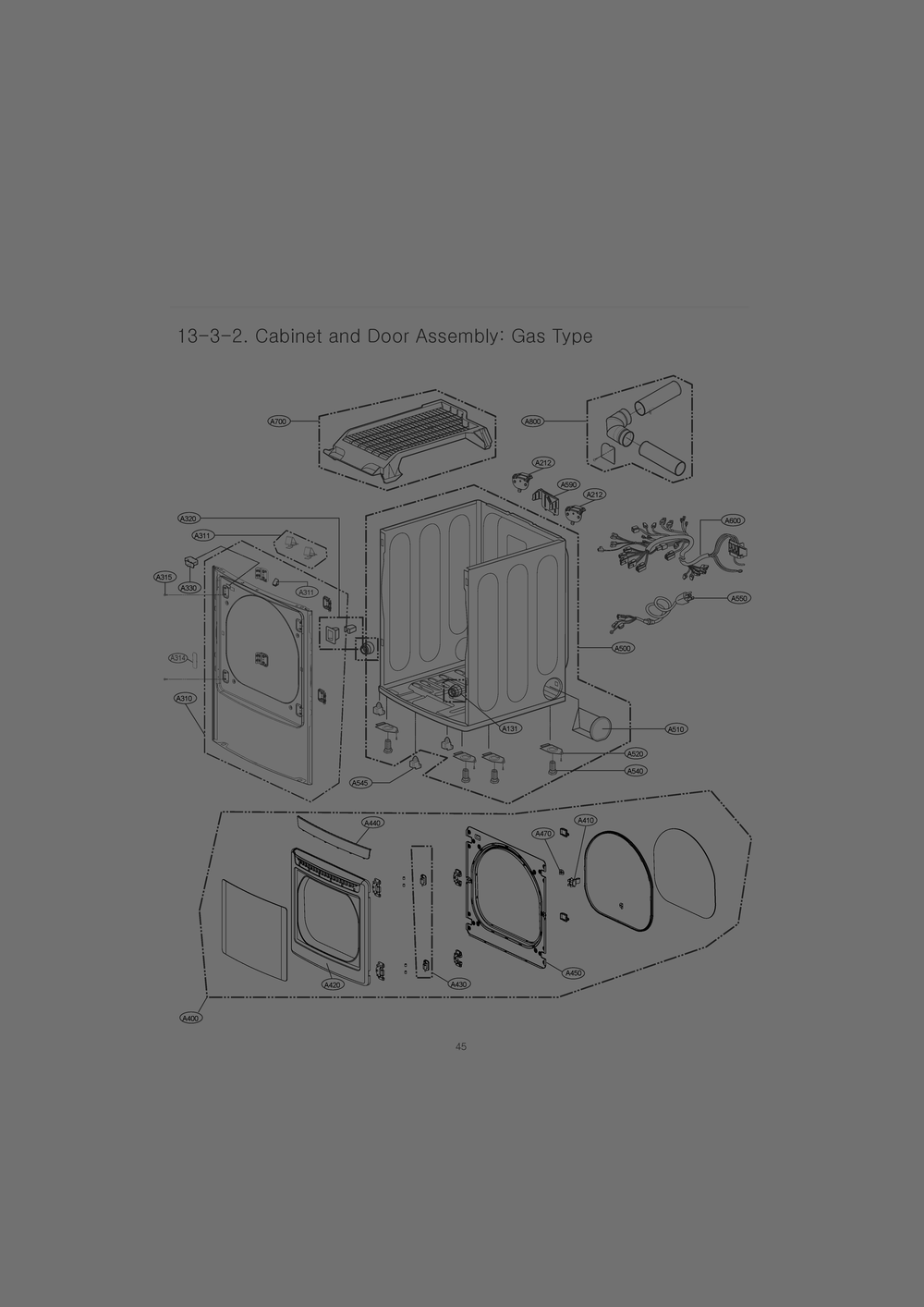 Cabinet And Door Assembly Diagram and Parts List for RN1368AS ABWESEU LG Dryer