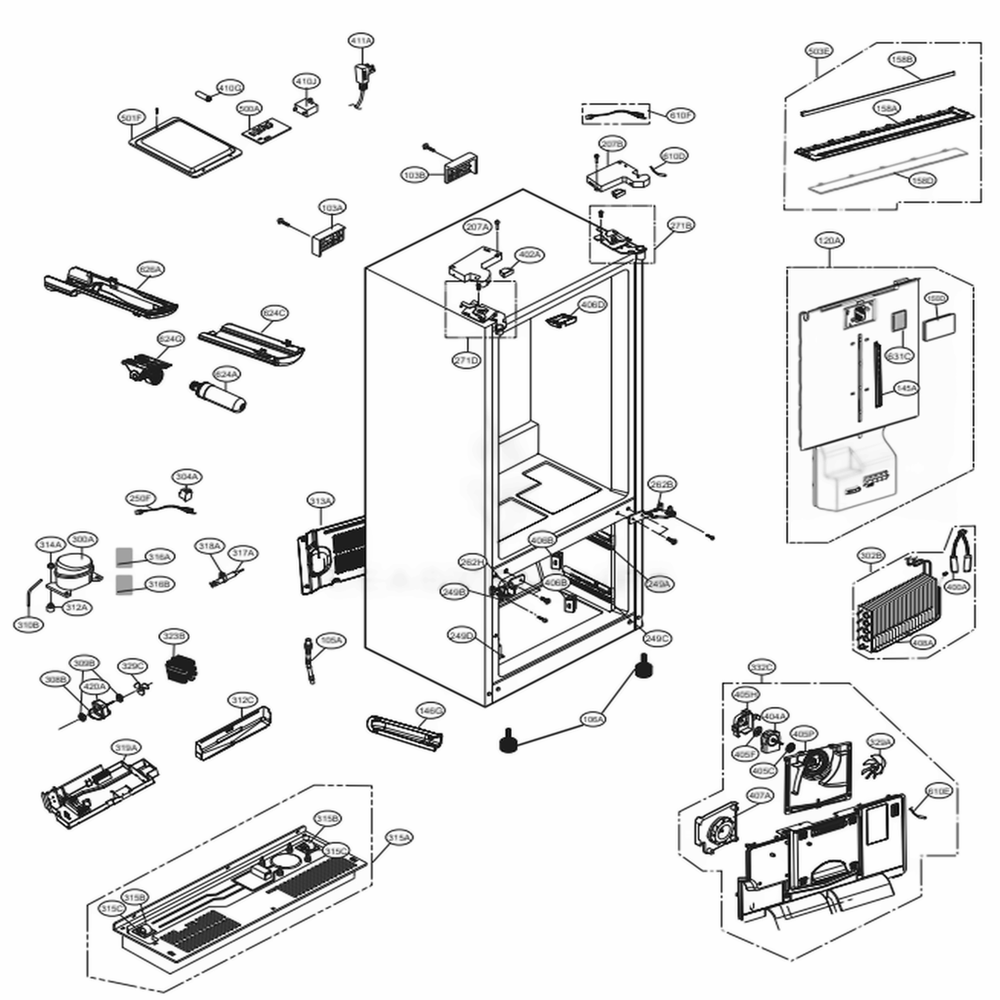 Case Parts Diagram and Parts List for 72595 ASTCSE2 LG Refrigerator
