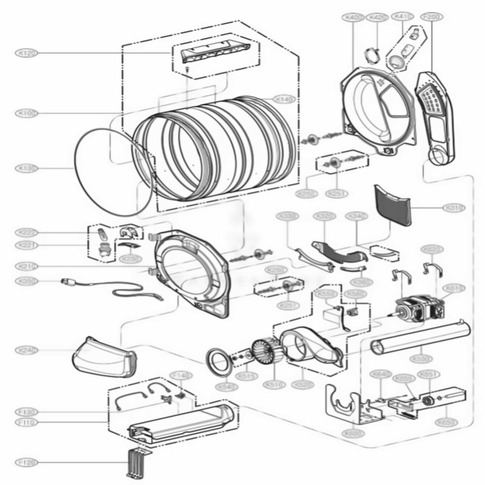 Drum And Motor Assembly Diagram and Parts List for DLEX5955W ABWEEUS LG Dryer