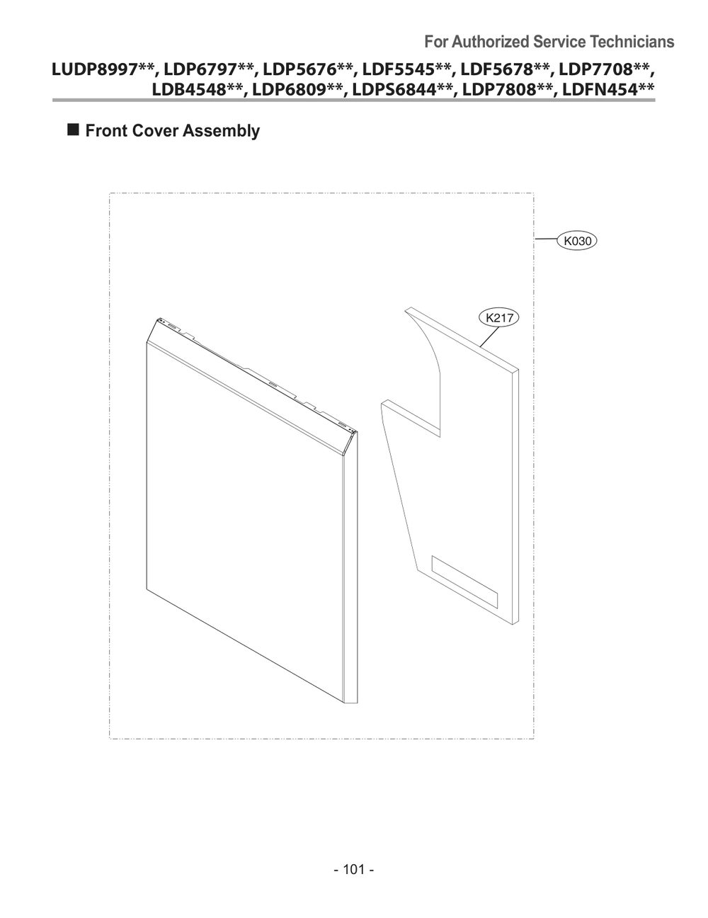 Front Cover Assembly Diagram and Parts List for DUA513FD ABDESNA LG Dishwasher