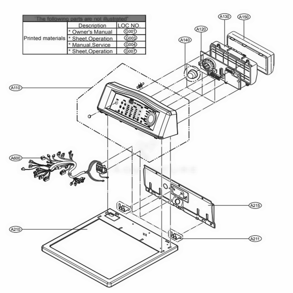 Control Panel And Plate Assembly Diagram and Parts List for 98842 ABWESEU LG Dryer