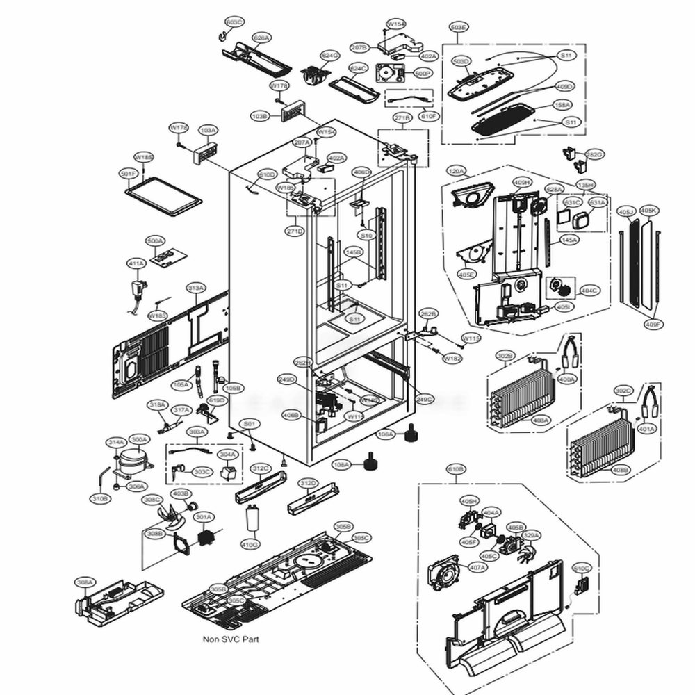 Case Parts Diagram and Parts List for LSFXC2496D ASBCNA1 LG Refrigerator