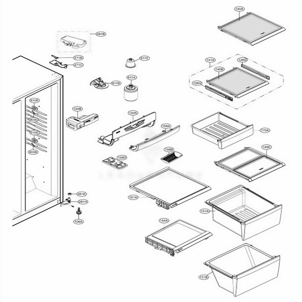 Refrigerator Compartment Diagram and Parts List for LSC23954SW ASWCNA1 LG Refrigerator