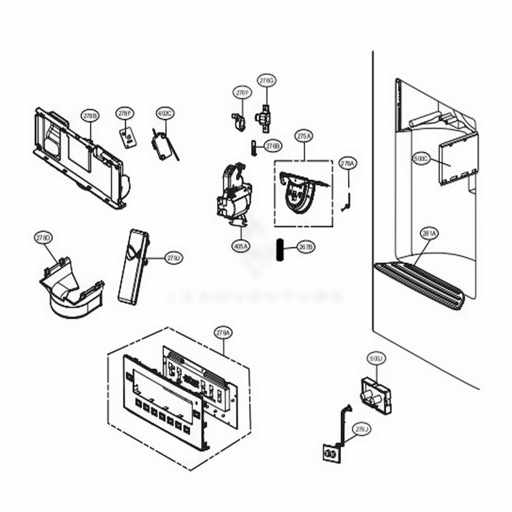 Dispenser Parts Diagram and Parts List for 72372 ASWCSE0 LG Refrigerator