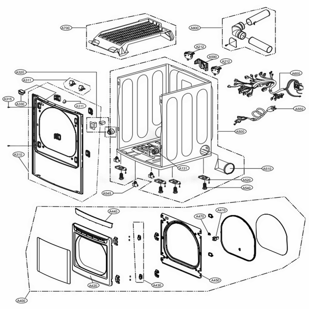 Cabinet And Door Assembly: Gas Type Diagram and Parts List for 71522 ABWESEU LG Dryer