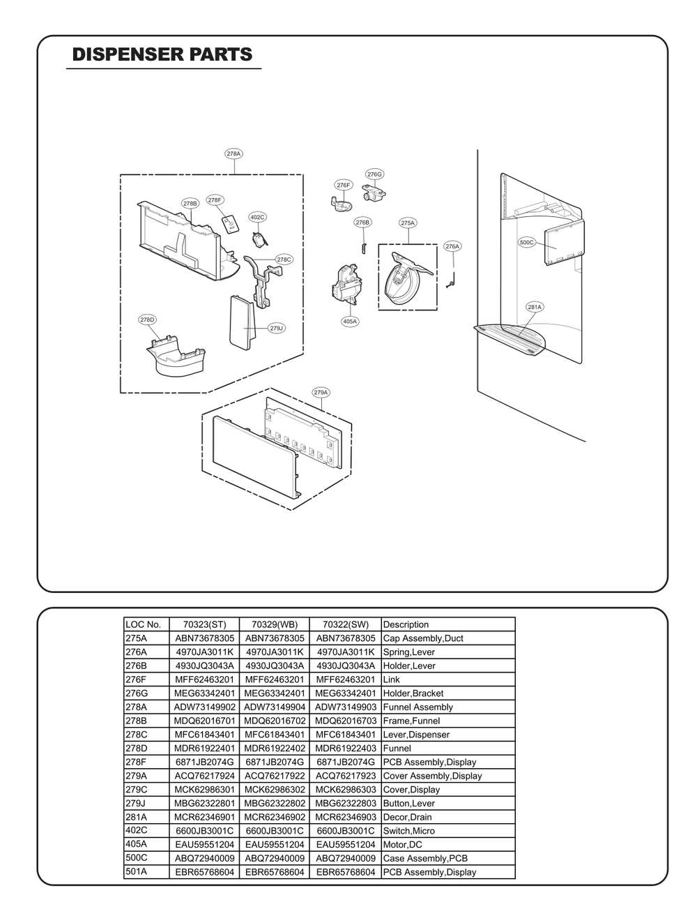 Dispenser Parts Diagram and Parts List for GC-L258VQXD AWBCSE2 LG Refrigerator