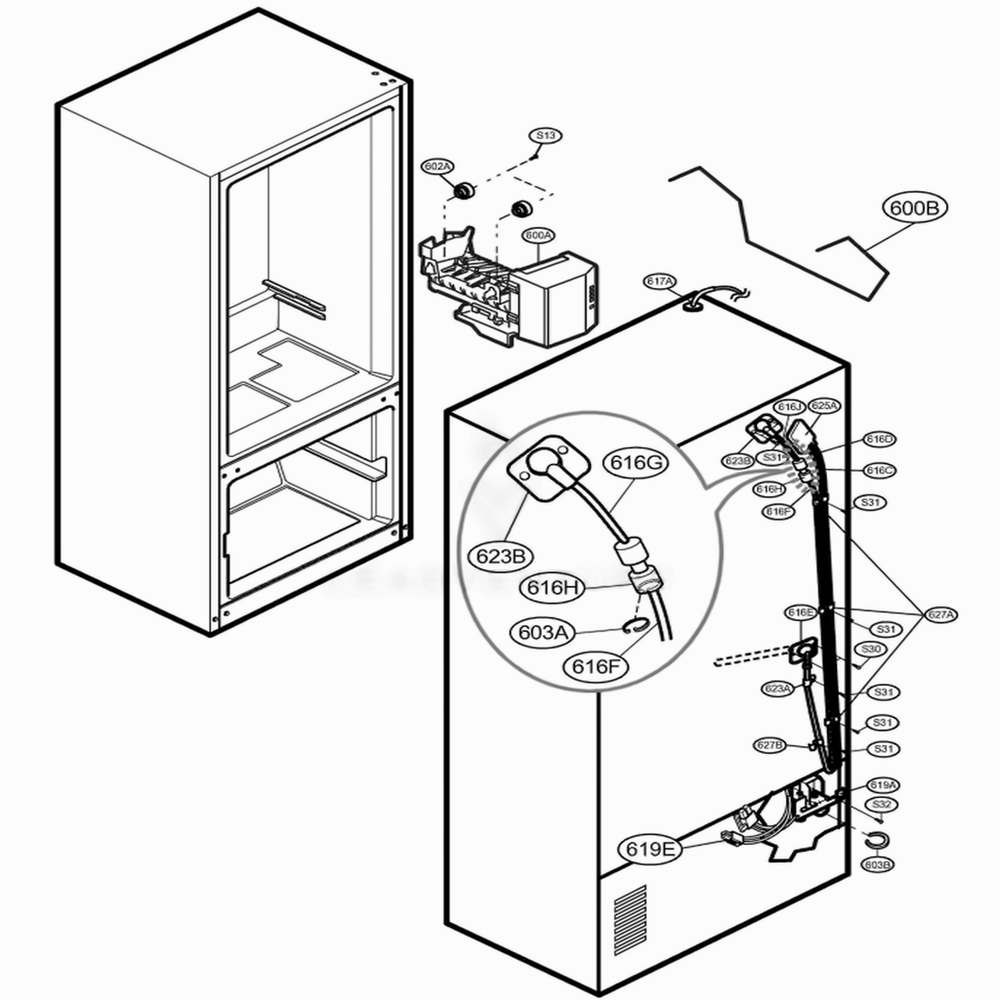 Ice Maker Parts Diagram and Parts List for 75552 ASWCSEF LG Refrigerator