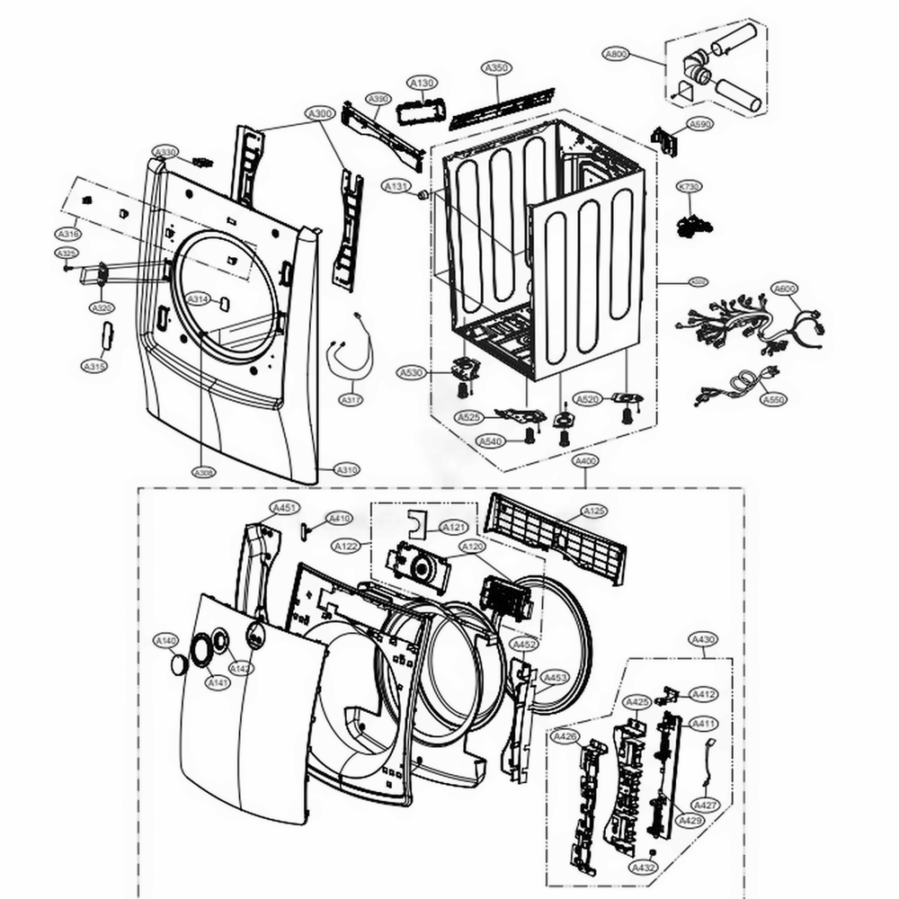 Cabinet And Door Assembly Gas Type Diagram and Parts List for DLGX5001V ASSEEUS LG Dryer