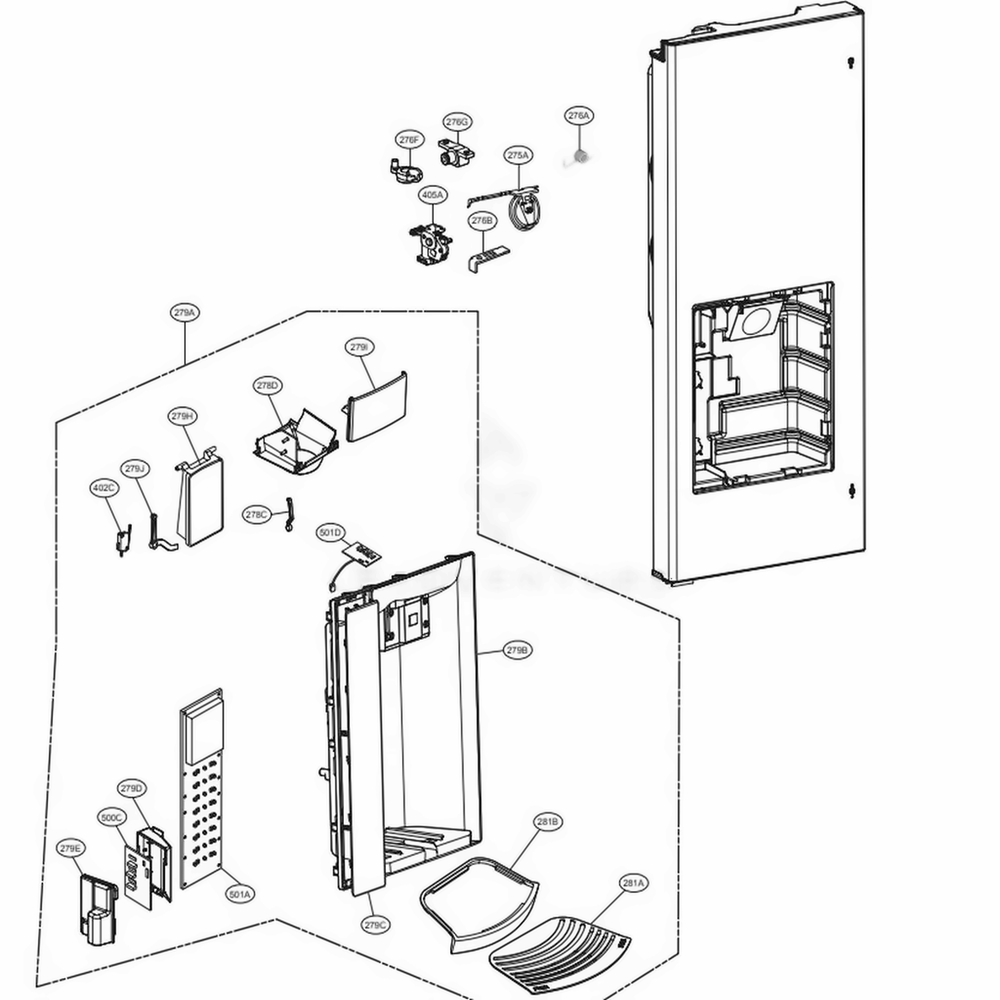 Dispenser Parts Diagram and Parts List for LFX28968ST ASTCNA2 LG Refrigerator