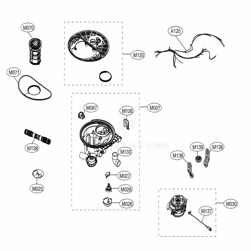 Sump Assembly Diagram and Parts List for LDF5678ST ASTEEUS LG Dishwasher