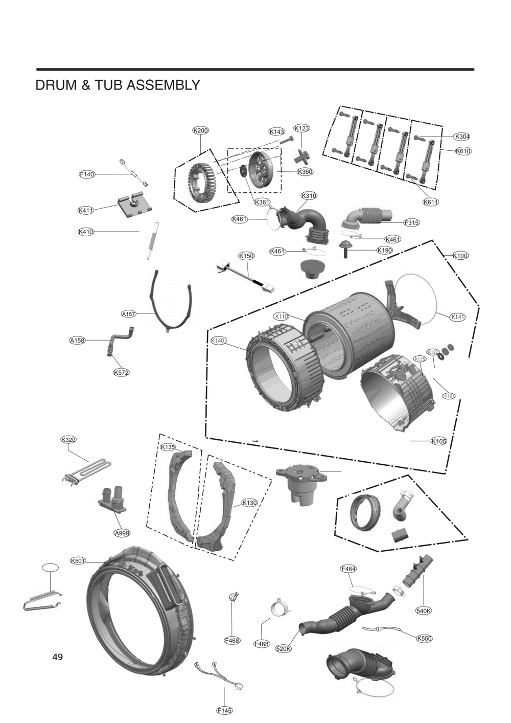 Drum And Tub Assembly Diagram and Parts List for WM6998HBA ABLEEUS LG Washer Dryer Combo