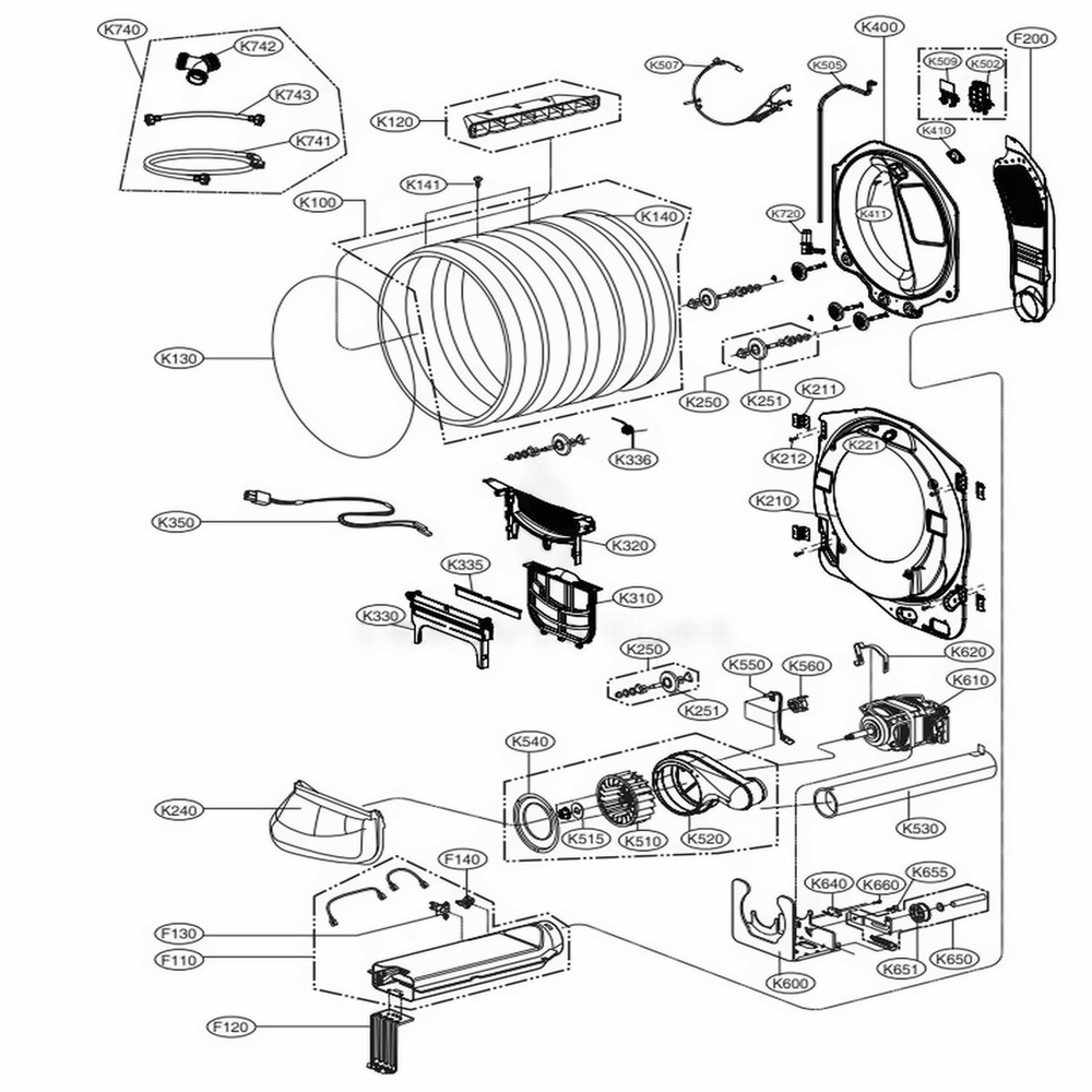 Drum And Motor Assembly Diagram and Parts List for DLEX9500V ASSEEUS LG Dryer