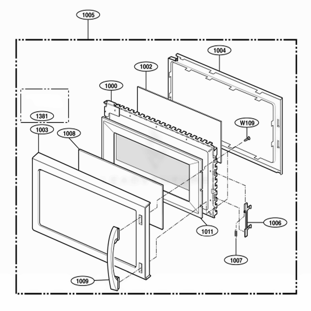 Door Parts Diagram and Parts List for 62643 ASBESEA LG Microwave