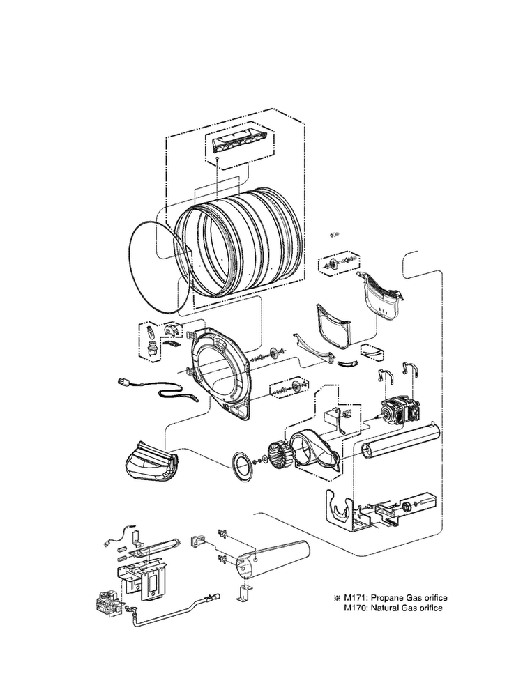 Drum And Motor Assembly Parts Diagram and Parts List for DLGX3886W  LG Dryer