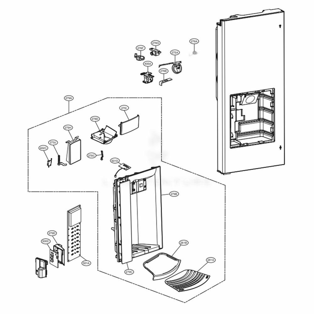 Dispenser Parts Diagram and Parts List for LFX25973ST ASTCNA3 LG Refrigerator