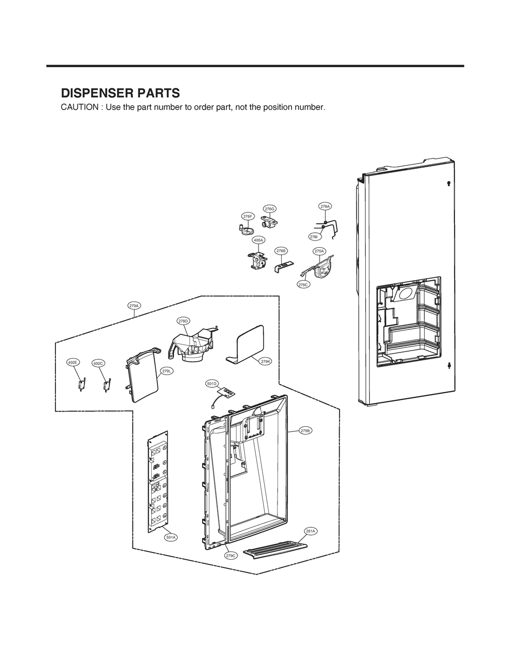 Dispenser Parts Diagram and Parts List for GR-L24GHSJM ASTCNA0 LG Refrigerator