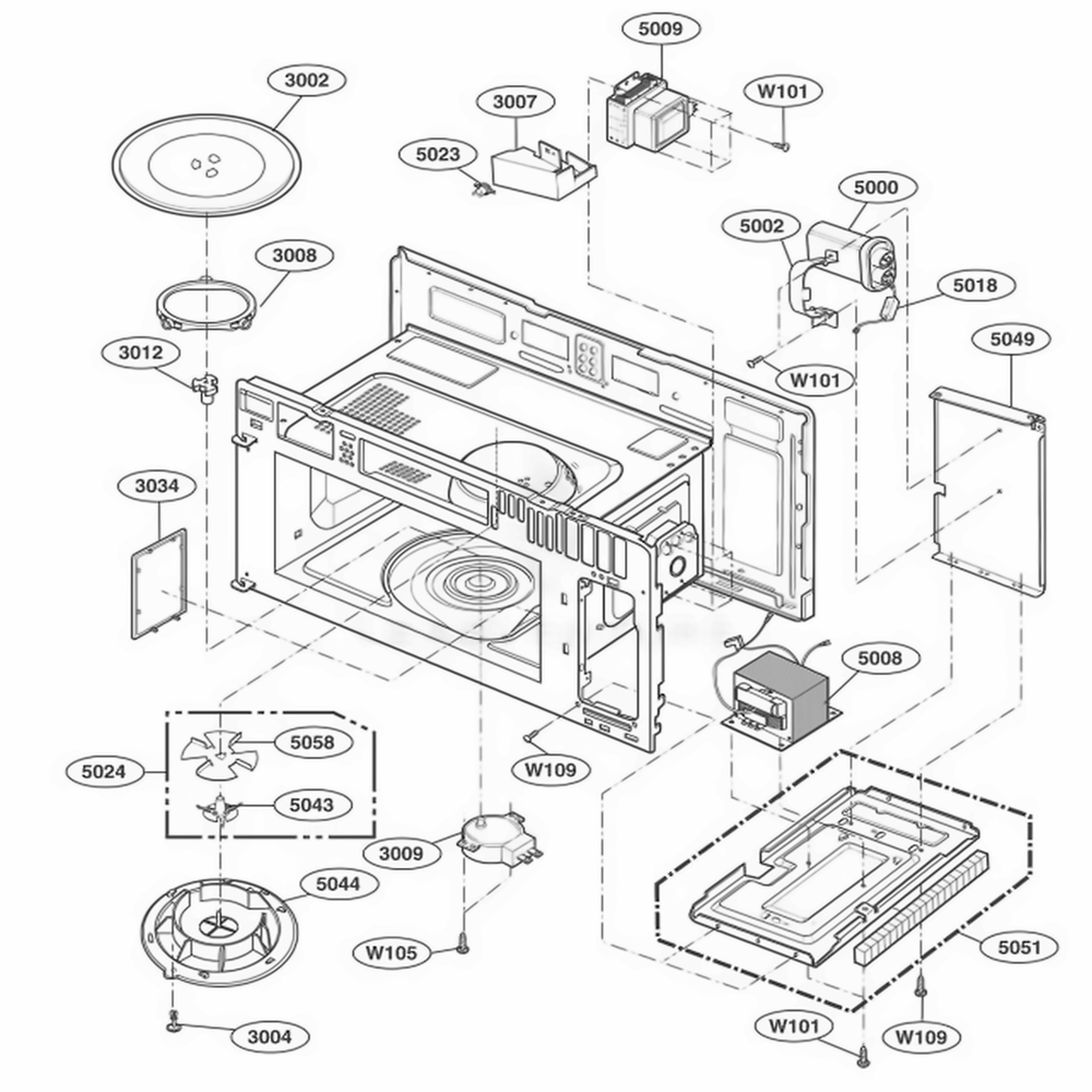 Interior Parts 1 Diagram and Parts List for MMV4205AAQ AB6EMTG LG Microwave