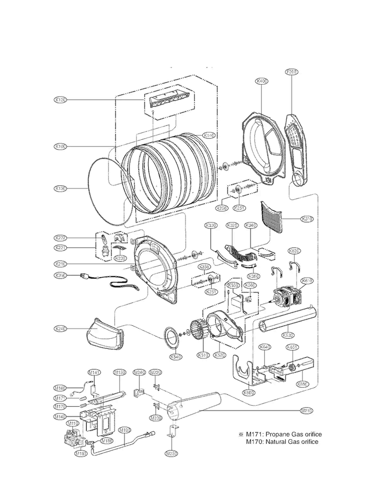 Drum And Motor Parts Diagram and Parts List for DLG2526W 00 LG Dryer