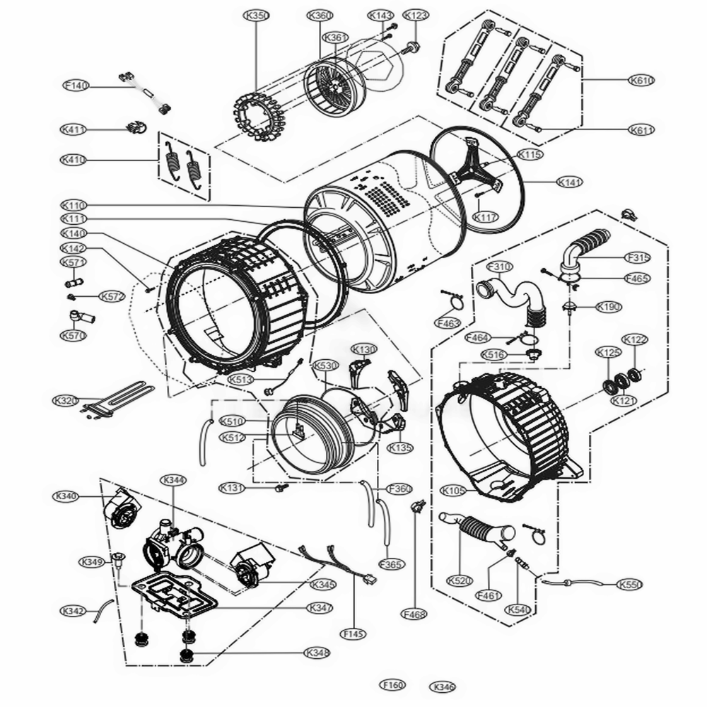 Drum And Tub Assembly Diagram and Parts List for 41583 ASTEPEU LG Washer