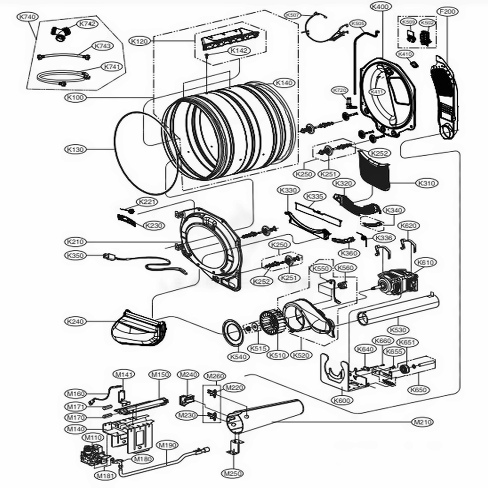 Drum And Motor Assembly Gas Type Diagram and Parts List for DLGX3701R ACREEUS LG Dryer