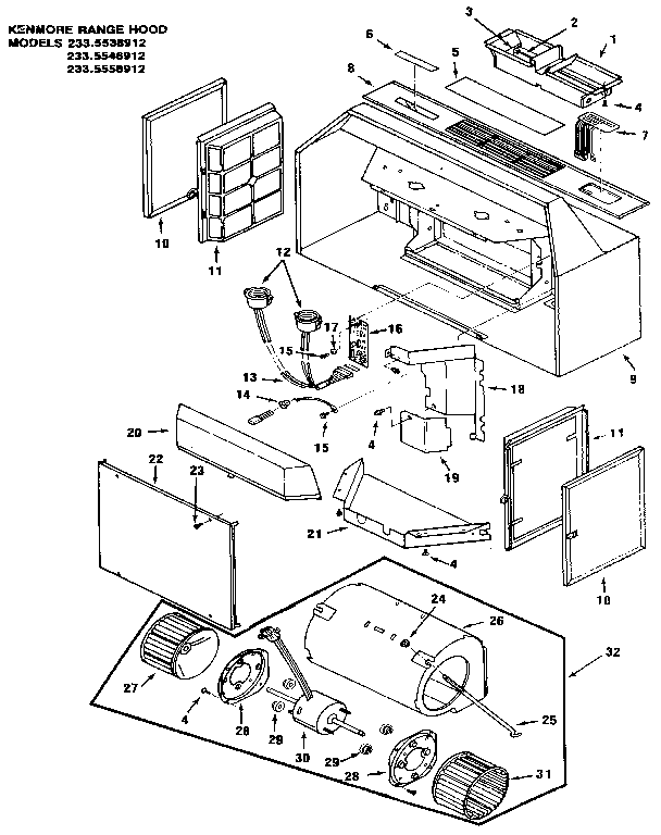 Range Hood Diagram and Parts List for 2335538912  Kenmore Range Hood