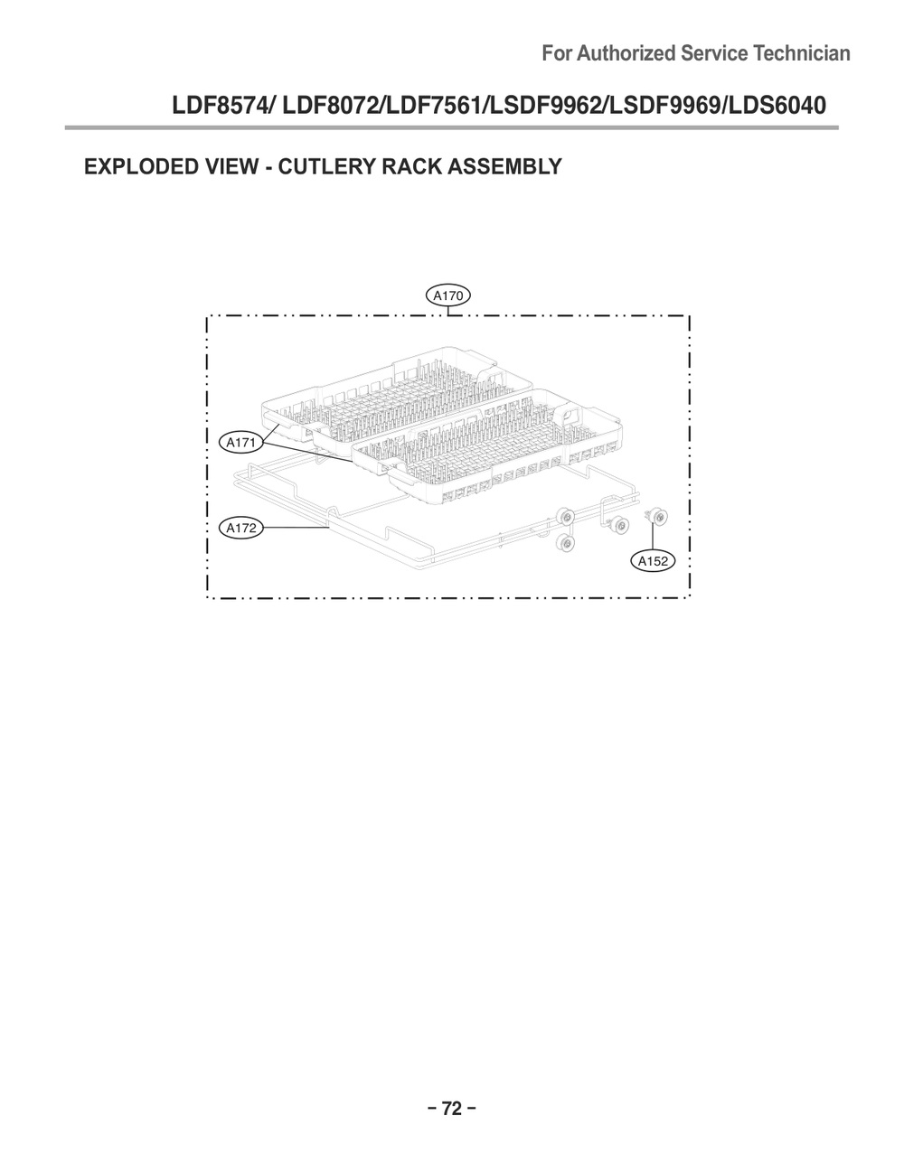 Cutlery Rack Assembly Diagram and Parts List for D1438DB ABDEEUS LG Dishwasher