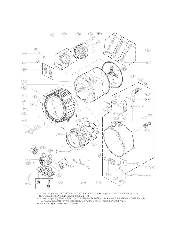 Drum And Tub Assembly Parts Diagram and Parts List for WM3470HWA 00 LG Washer