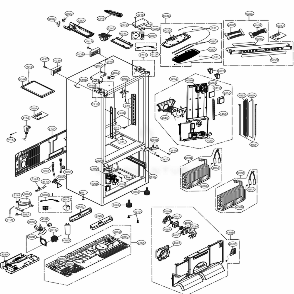 Case Parts Diagram and Parts List for 75053 ASTCSE0 LG Refrigerator