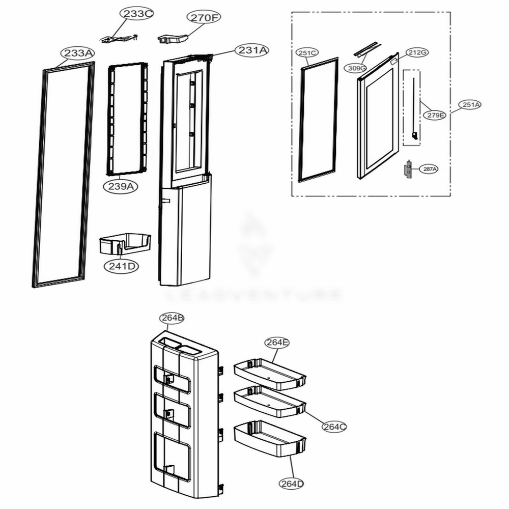 Refrigerator Door Diagram and Parts List for LRSES2706V APZCNA1 LG Refrigerator