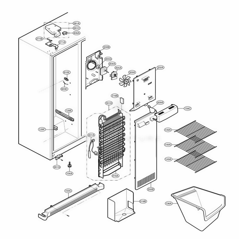 Freezer Compartment Diagram and Parts List for LSC27921SW ASWCLGA LG Refrigerator