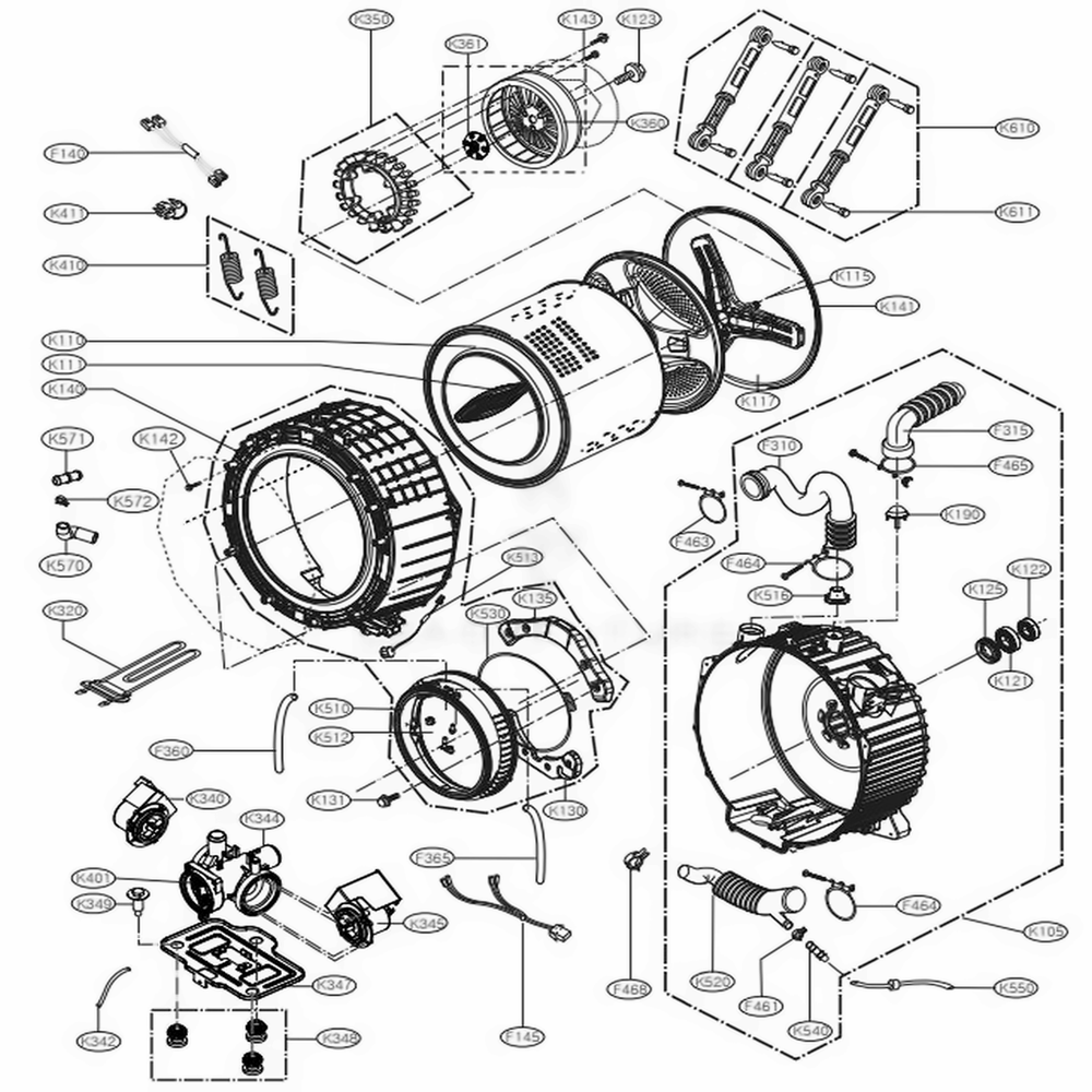 Drum And Tub Assembly Diagram and Parts List for WM8100HVA ASSEEUS LG Washer