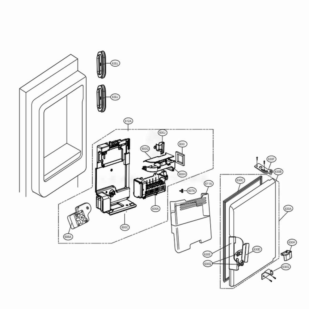 Ice Maker And Ice Bin Parts Diagram and Parts List for LSFXC2496S ASTCNA0 LG Refrigerator