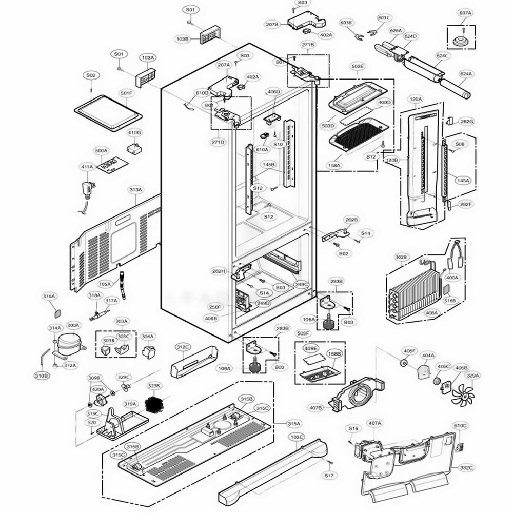 Case Parts Diagram and Parts List for LFX21975ST AST2LGA LG Refrigerator