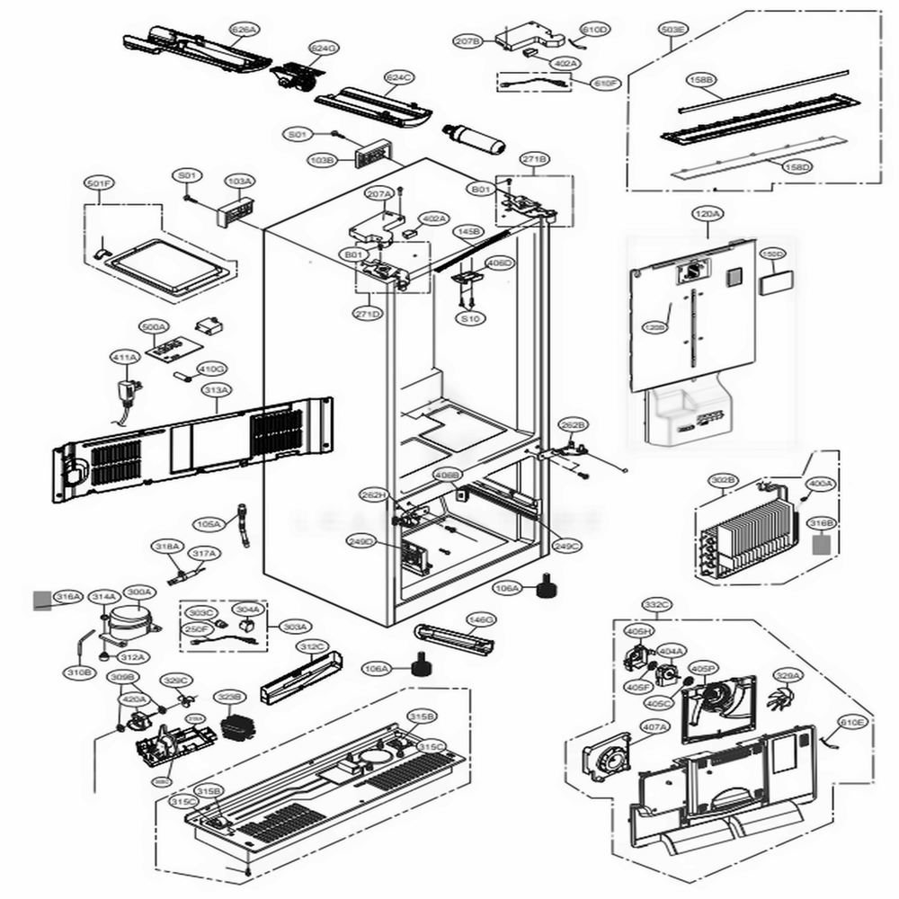 Case Parts Diagram and Parts List for LFXS28566D ASBCNA0 LG Refrigerator