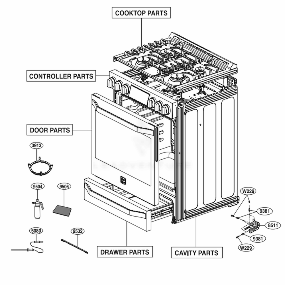 Main Diagram and Parts List for LSSG3017ST AS6ESTD LG Range