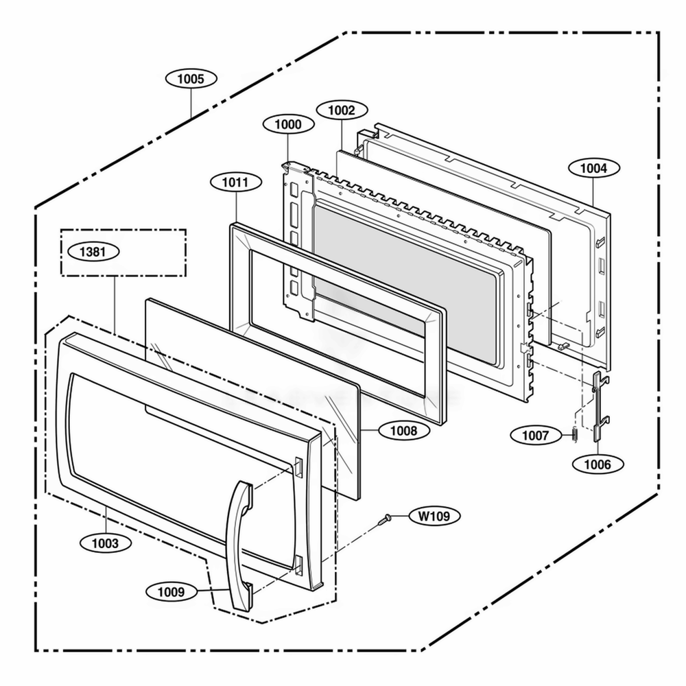 Door Parts Diagram and Parts List for 63652 AW1ESEA LG Range