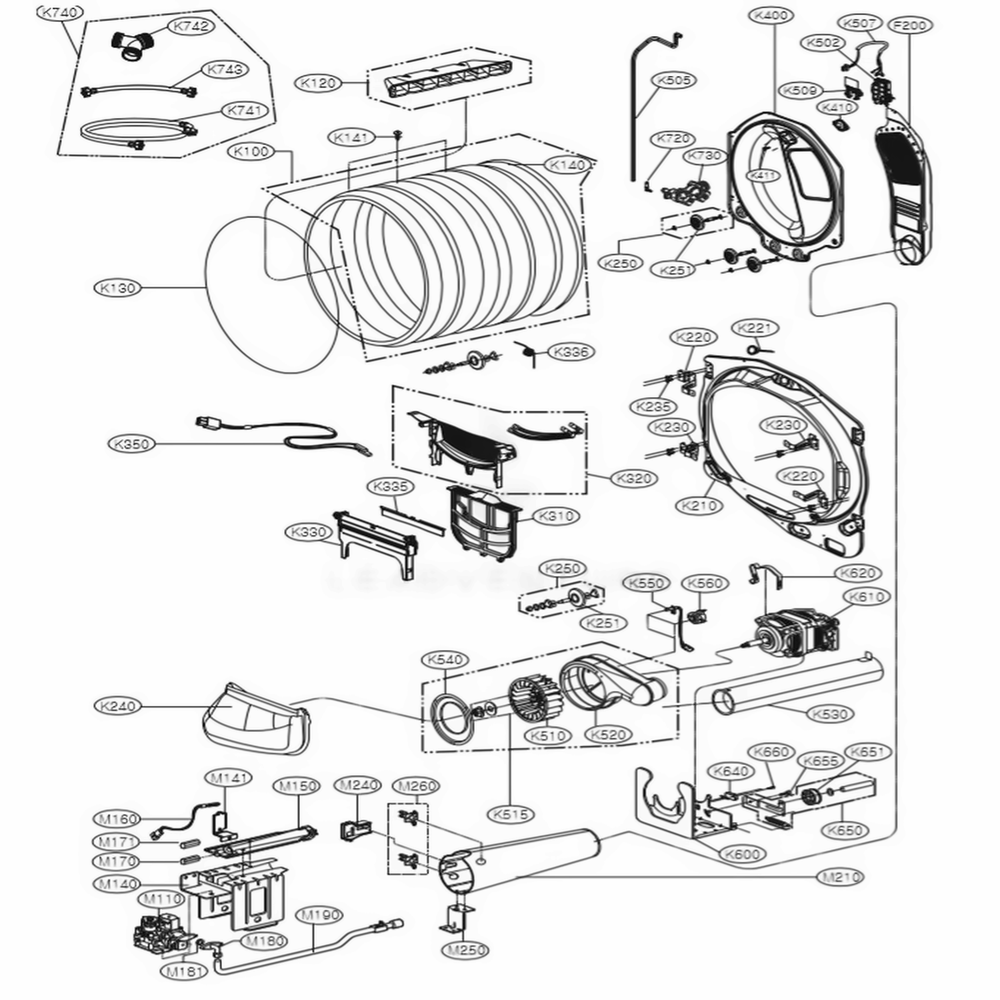 Drum And Motor Assembly Diagram and Parts List for DLEX7710VE ASSEEUS LG Dryer