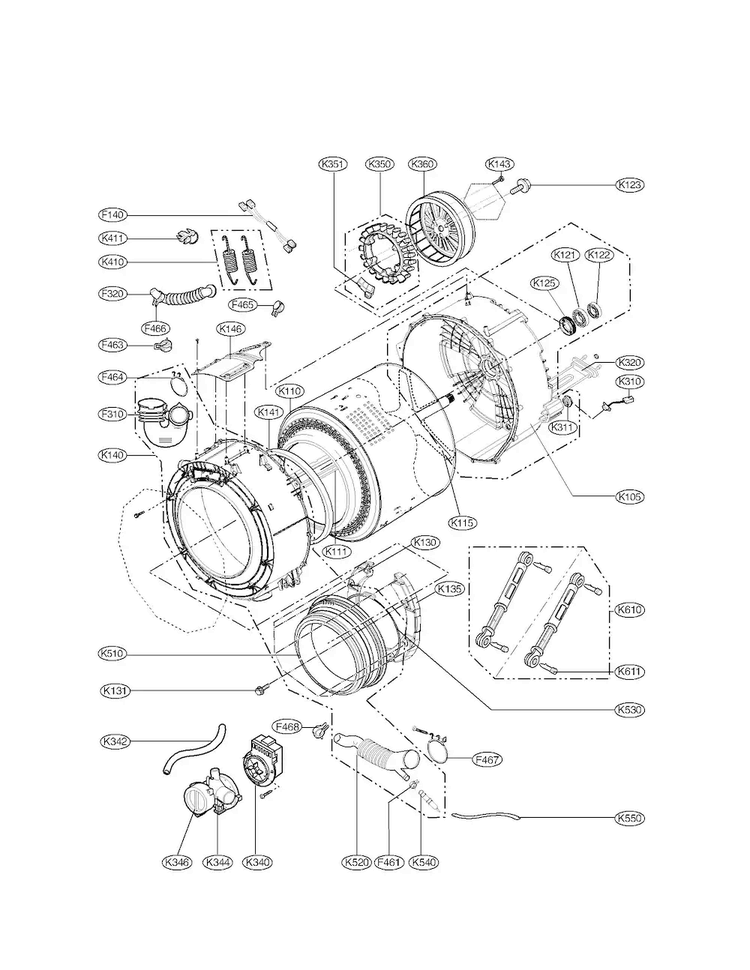 Drum And Tub Assembly Parts Diagram and Parts List for WM3431HW01  LG Washer