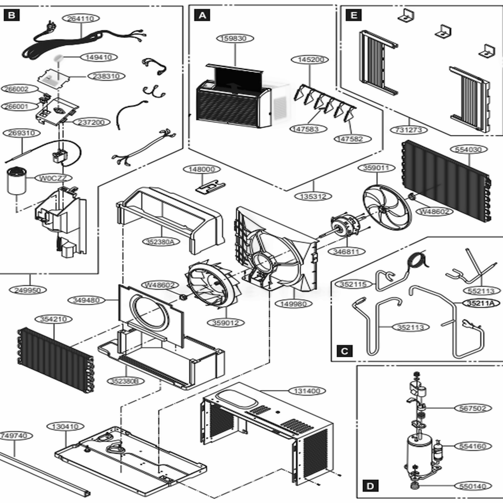 Main Diagram and Parts List for LW5016 AT1AYOW LG Air Conditioner