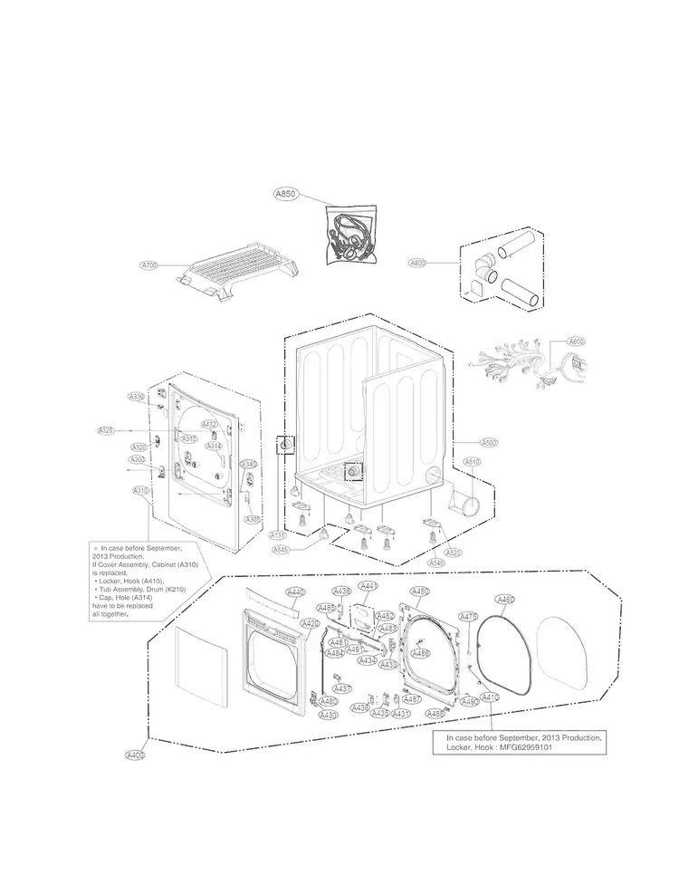 Cabinet And Door Parts Diagram and Parts List for DLEY1701VE  LG Dryer