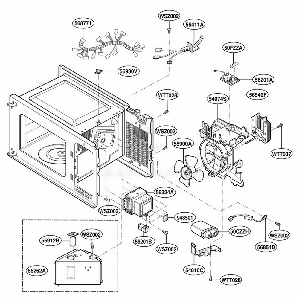 Interior Parts Diagram and Parts List for 767 BKESEC LG Wall Oven