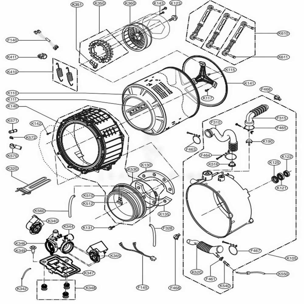 Drum And Tub Assembly Diagram and Parts List for 41549 ASRESEU LG Washer