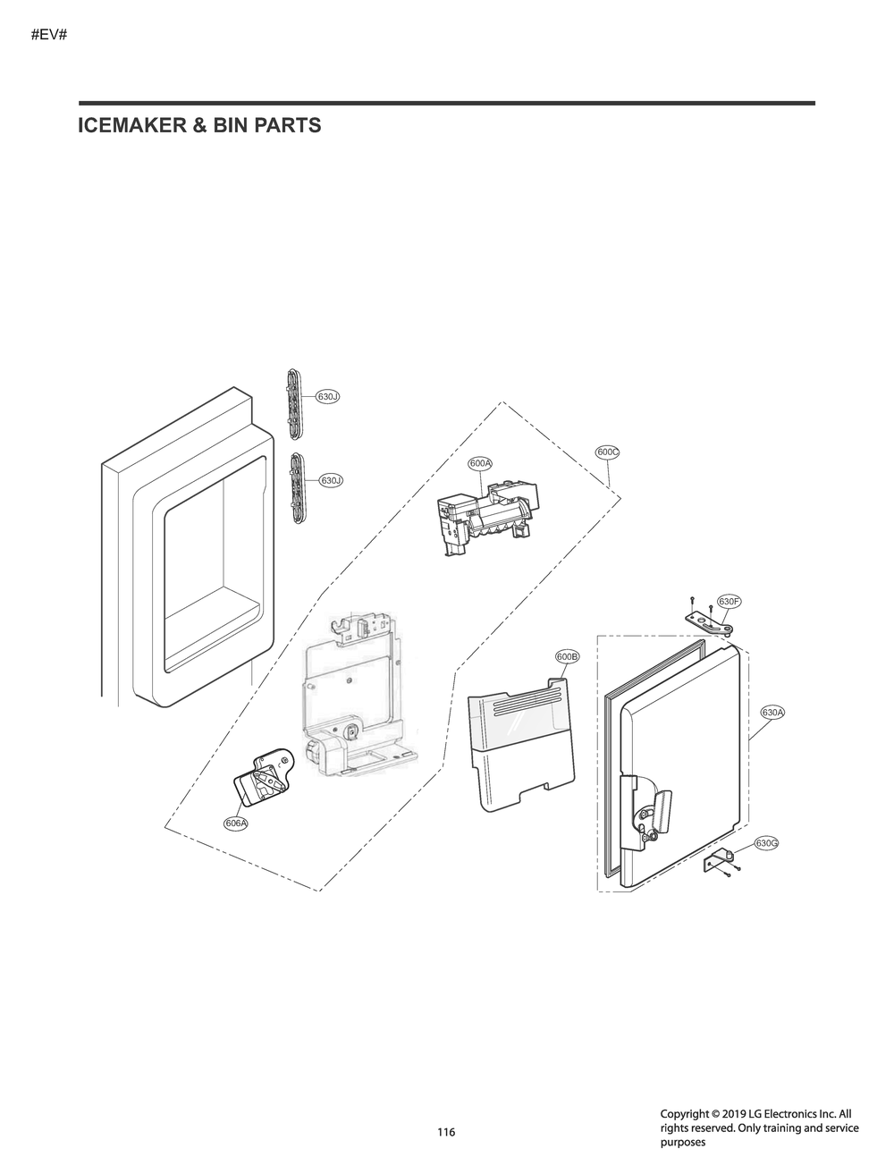 Ice Maker And Bin Parts Diagram and Parts List for GM-L258NKXM ASBCNA1 LG Refrigerator