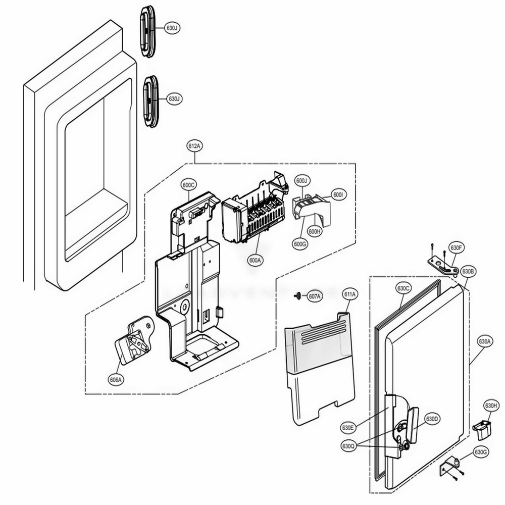 Ice Maker And Ice Bin Parts Diagram and Parts List for 74073 ASTCSE0 LG Refrigerator