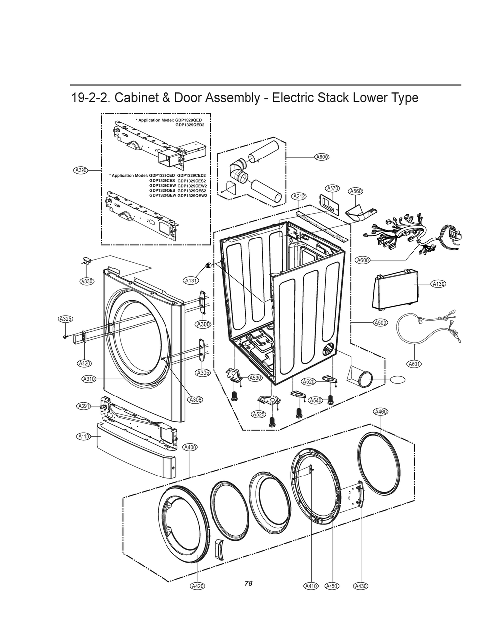Cabinet And Door Assembly Diagram and Parts List for RV1329AD1P ABWEELC LG Dryer