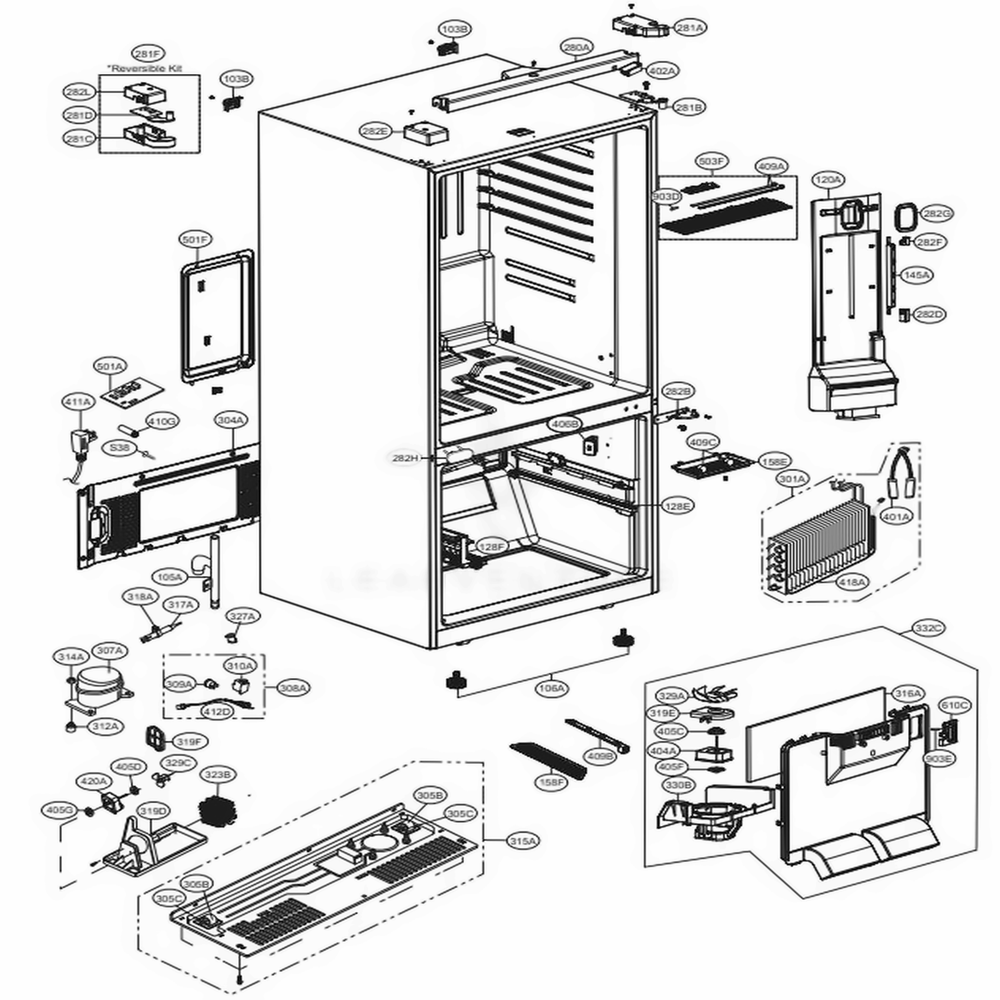Case Parts Diagram and Parts List for 79043 ASTCSE2 LG Refrigerator
