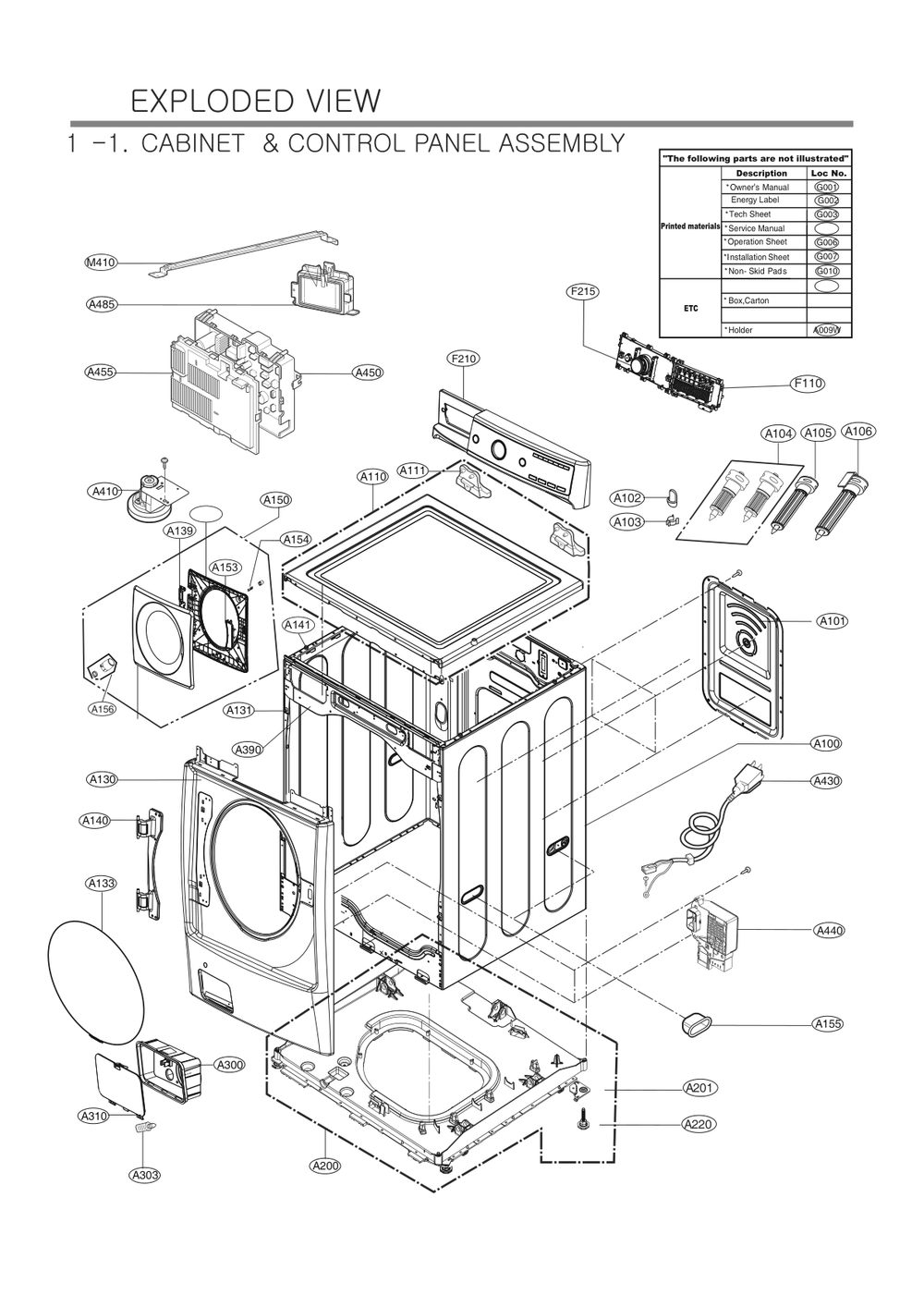 Cabinet And Control Panel Assembly Diagram and Parts List for FH3H1CDGK3 ABWESEU LG Washer