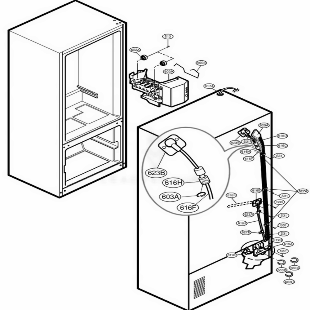 Ice Maker Parts Diagram and Parts List for 78549 AWB3SER LG Refrigerator