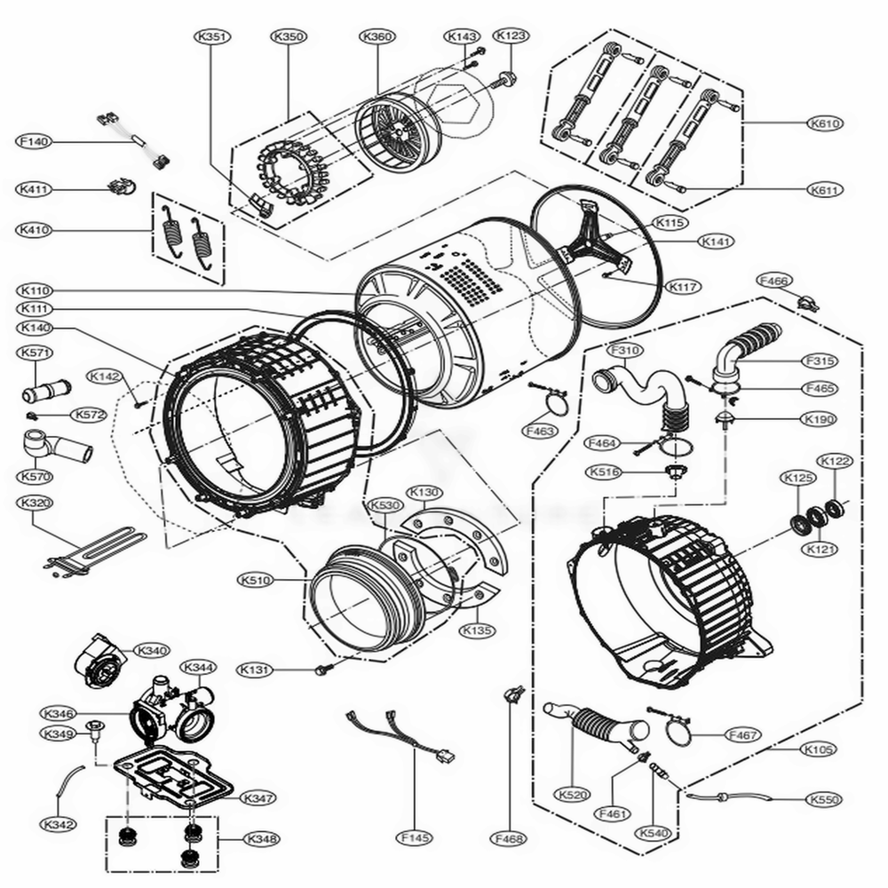Drum And Tub Assembly Diagram and Parts List for 41538 APBESEU LG Washer Dryer Combo